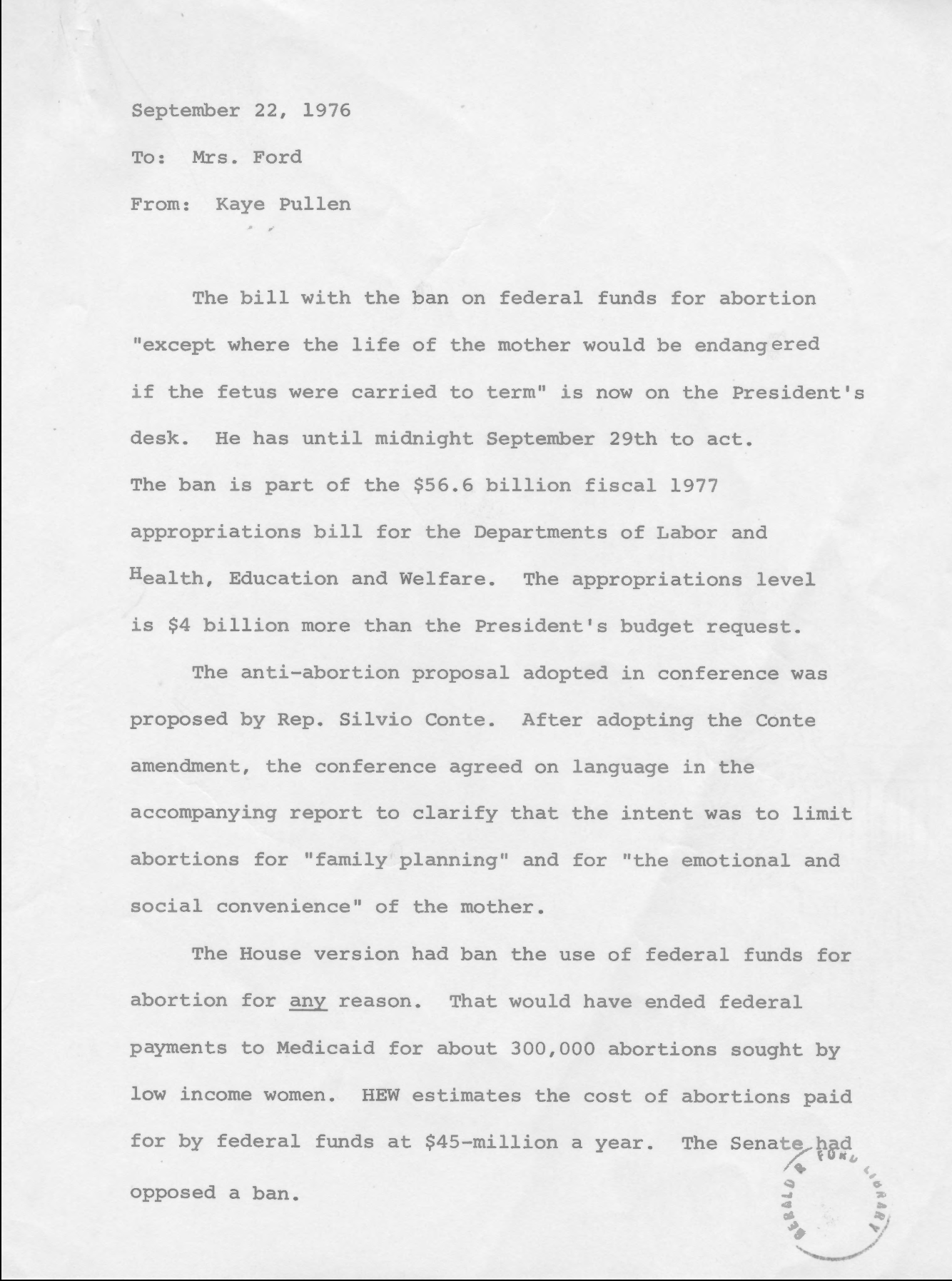 Letter to President Ford regarding bill banning Medicaid funding of abortion, recto